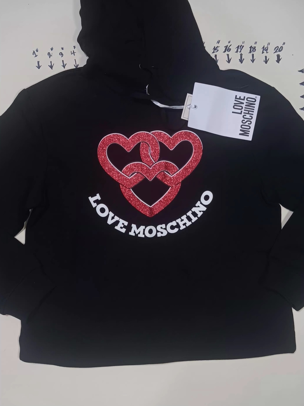 Moschino Black Hoodie with Red Glitter Heart Accent